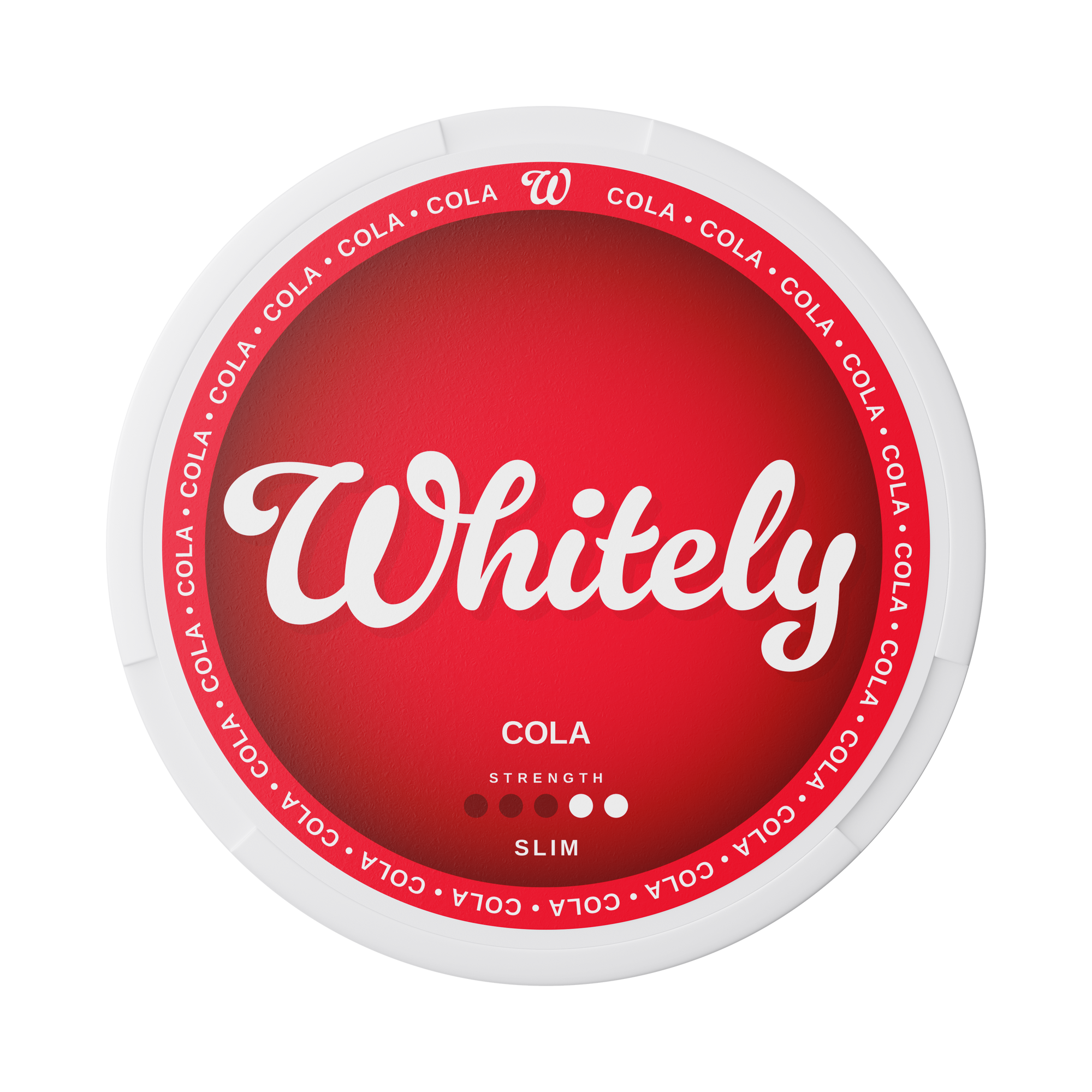 Whitely Cola nicotine pouch with classic cola flavor, medium strength, slim fit, white stain-free pouches.
