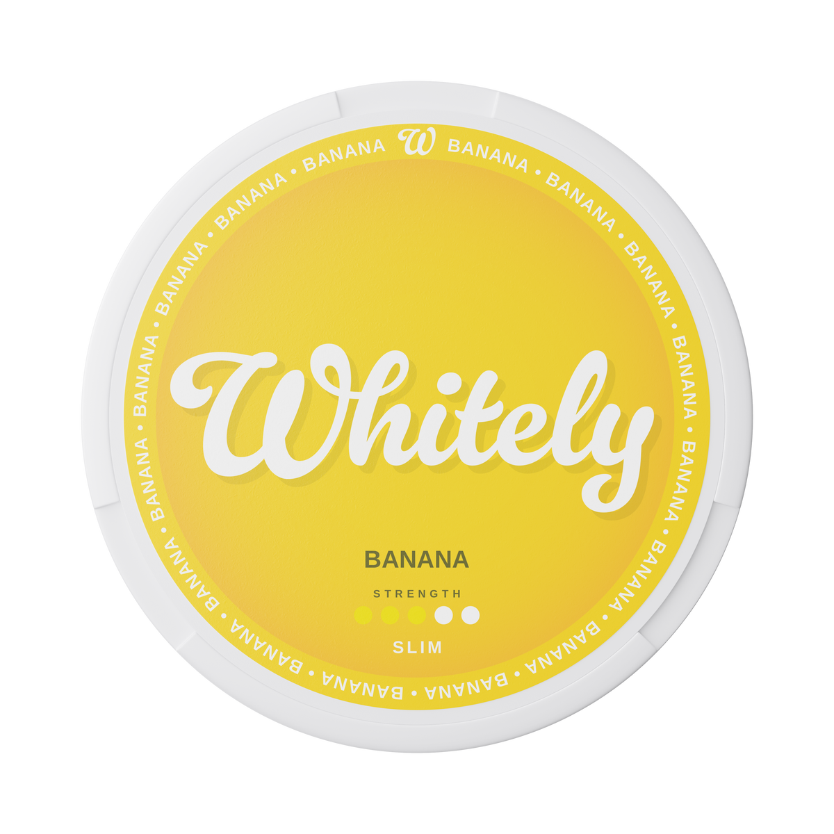 Whitely Banana nicotine pouch with sweet and creamy banana flavor in a slim, medium strength format
