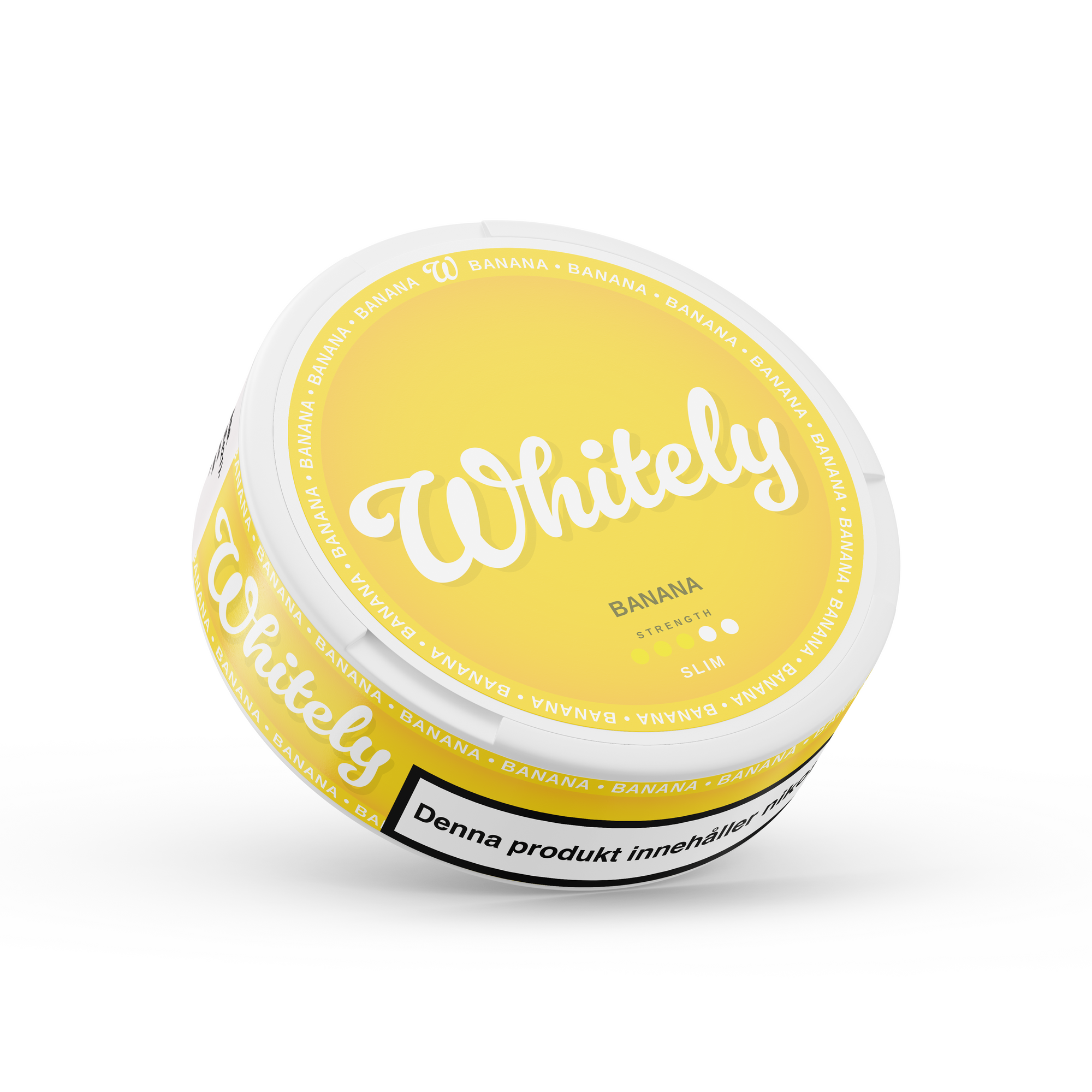 Whitely Banana slim nicotine pouch with sweet and creamy banana flavor in yellow round container
