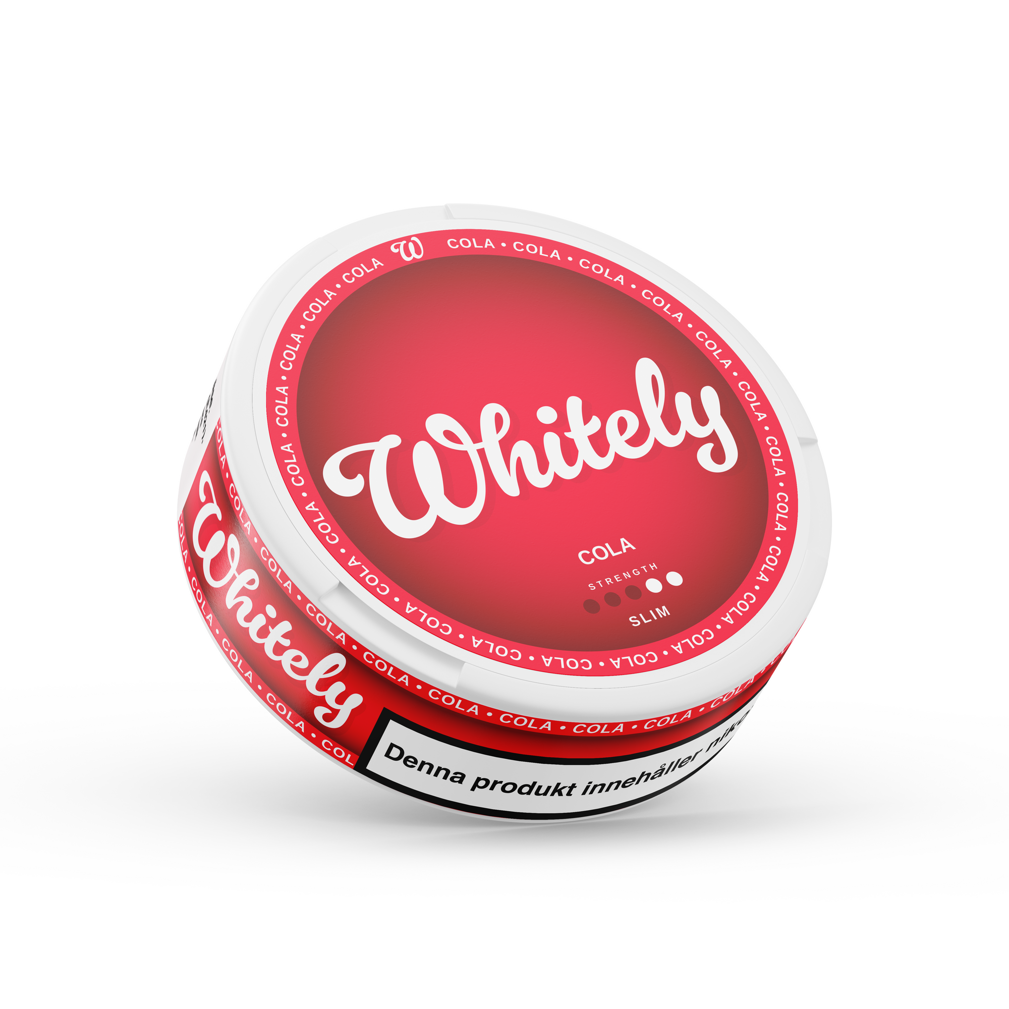 Whitely Cola slim nicotine pouches with classic cola flavor and medium strength in white packaging
