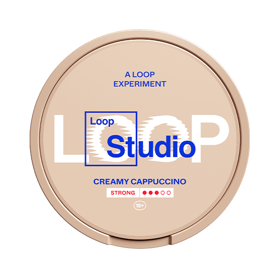 LOOP Creamy Cappuccino nicotine pouch with creamy coffee flavor and moderate strength in a beige container