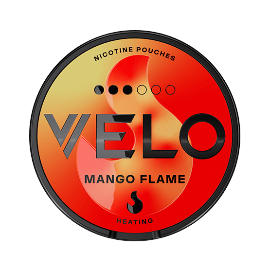 Round nicotine pouch container with 'VELO' branding on a gradient orange and red background